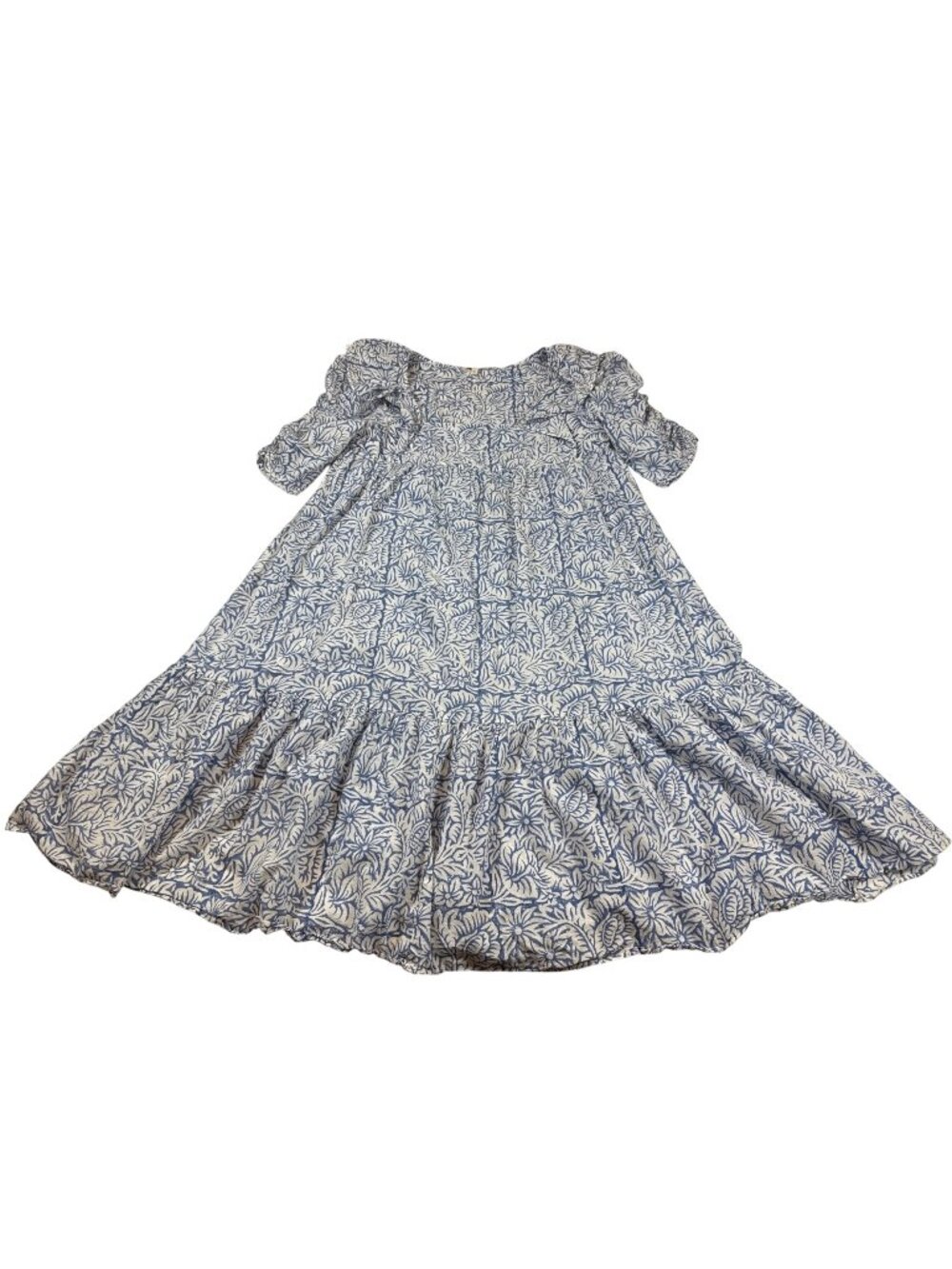 Anna Cate Floral Blue & White Cotton Midi Dress Short Sleeves (P1101)